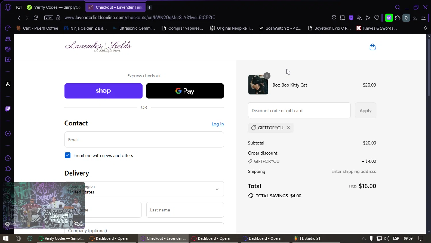 Lavender Fields promo code screenshot showing code Giftforyou applied at Lavender Fields checkout page. Uploaded by SimplyCodes community member GoldMaestro7871 on Aug 30, 2025