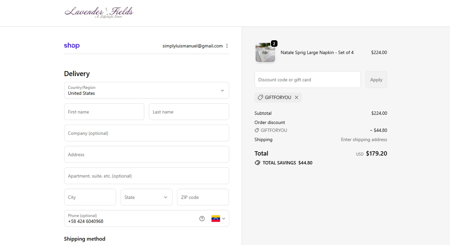 Lavender Fields promo code screenshot showing code Giftforyou applied at Lavender Fields checkout page. Uploaded by SimplyCodes community member MoneyScout2554 on Nov 14, 2025