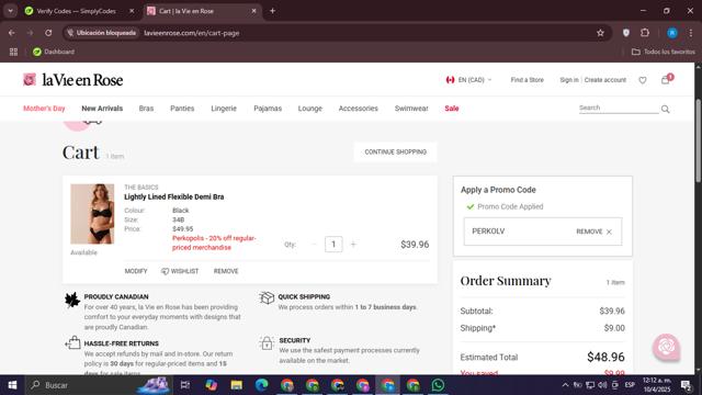 La Vie En Rose checkout page showing La Vie En Rose promo code box | Screenshot taken by SimplyCodes community member on Apr 10, 2025