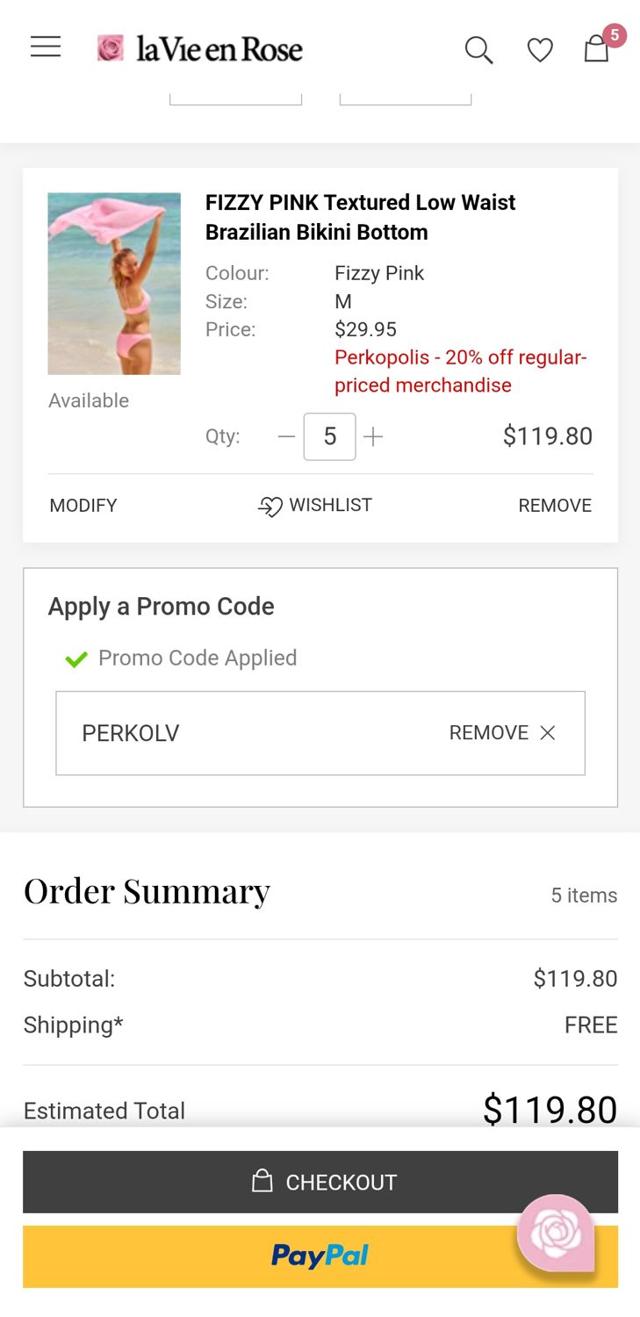 La Vie En Rose checkout page showing La Vie En Rose promo code box | Screenshot taken by SimplyCodes community member on Feb 20, 2025