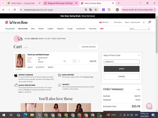 La Vie En Rose checkout page showing La Vie En Rose promo code box | Screenshot taken by SimplyCodes community member on Feb 24, 2025