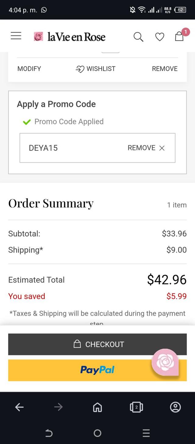 La Vie En Rose checkout page showing La Vie En Rose promo code box | Screenshot taken by SimplyCodes community member on Feb 24, 2025