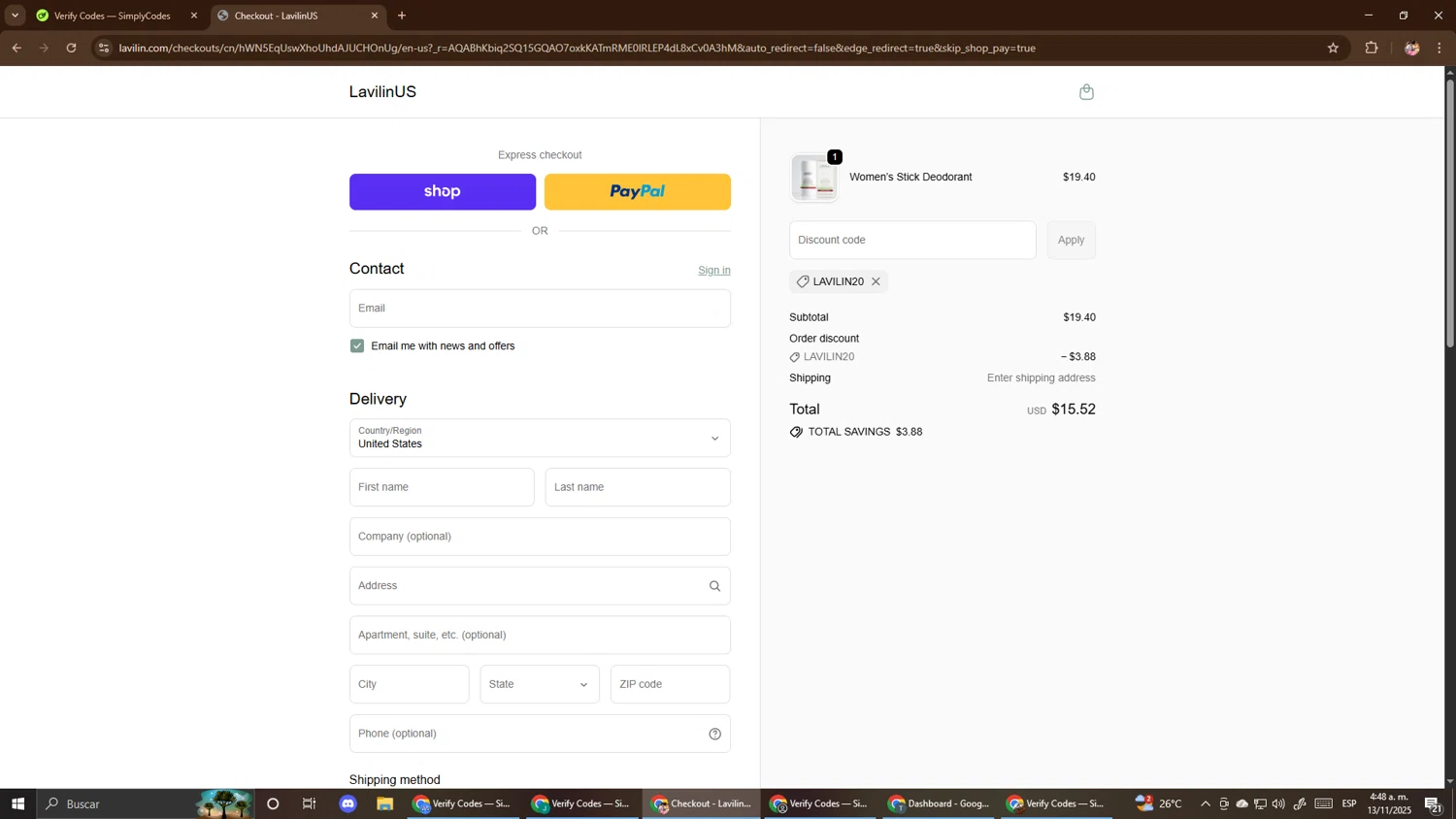 Lavilin discount code screenshot showing code LAVILIN20 applied at Lavilin checkout page. Uploaded by SimplyCodes community member El_mynor on Nov 13, 2025