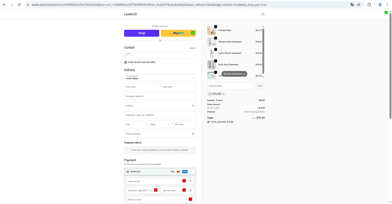 Lavilin checkout page showing Lavilin discount code box | Screenshot taken by SimplyCodes community member on Feb 14, 2026
