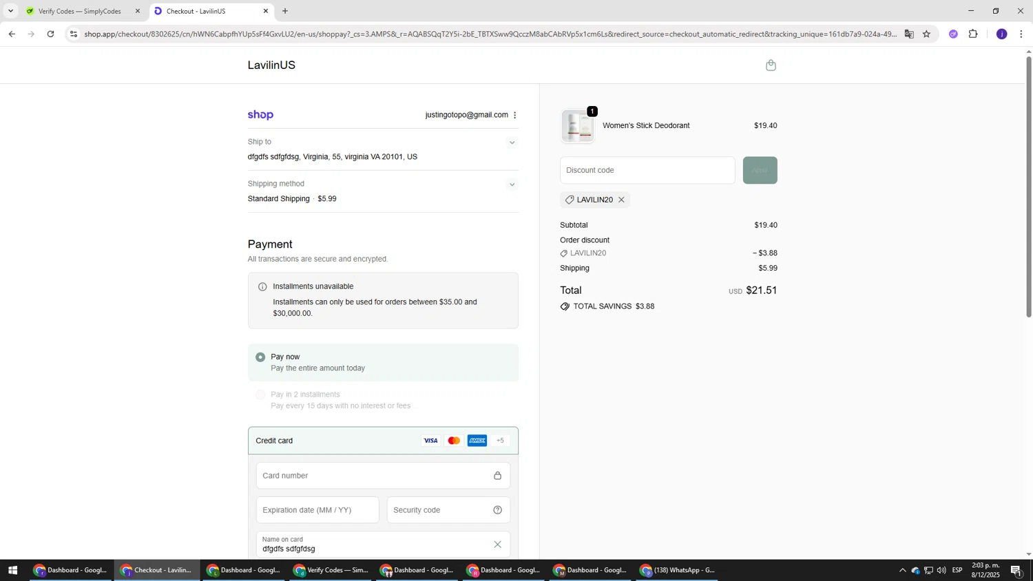 Lavilin discount code screenshot showing code LAVILIN20 applied at Lavilin checkout page. Uploaded by SimplyCodes community member simplycodesssss on Dec 8, 2025