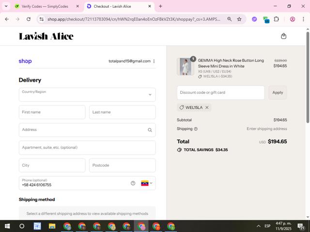 Lavish Alice checkout page showing Lavish Alice discount code box | Screenshot taken by SimplyCodes community member on Sep 11, 2025
