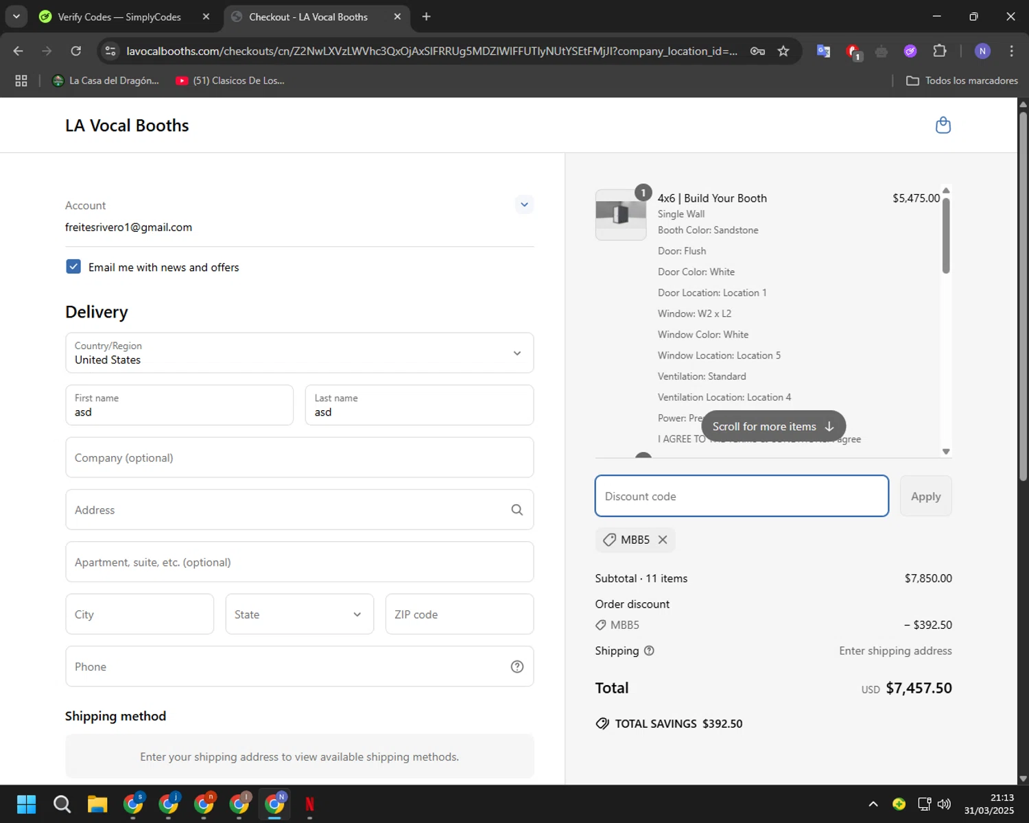 LA Vocal Booths checkout page showing LA Vocal Booths promo code box | Screenshot taken by SimplyCodes community member on Apr 1, 2025
