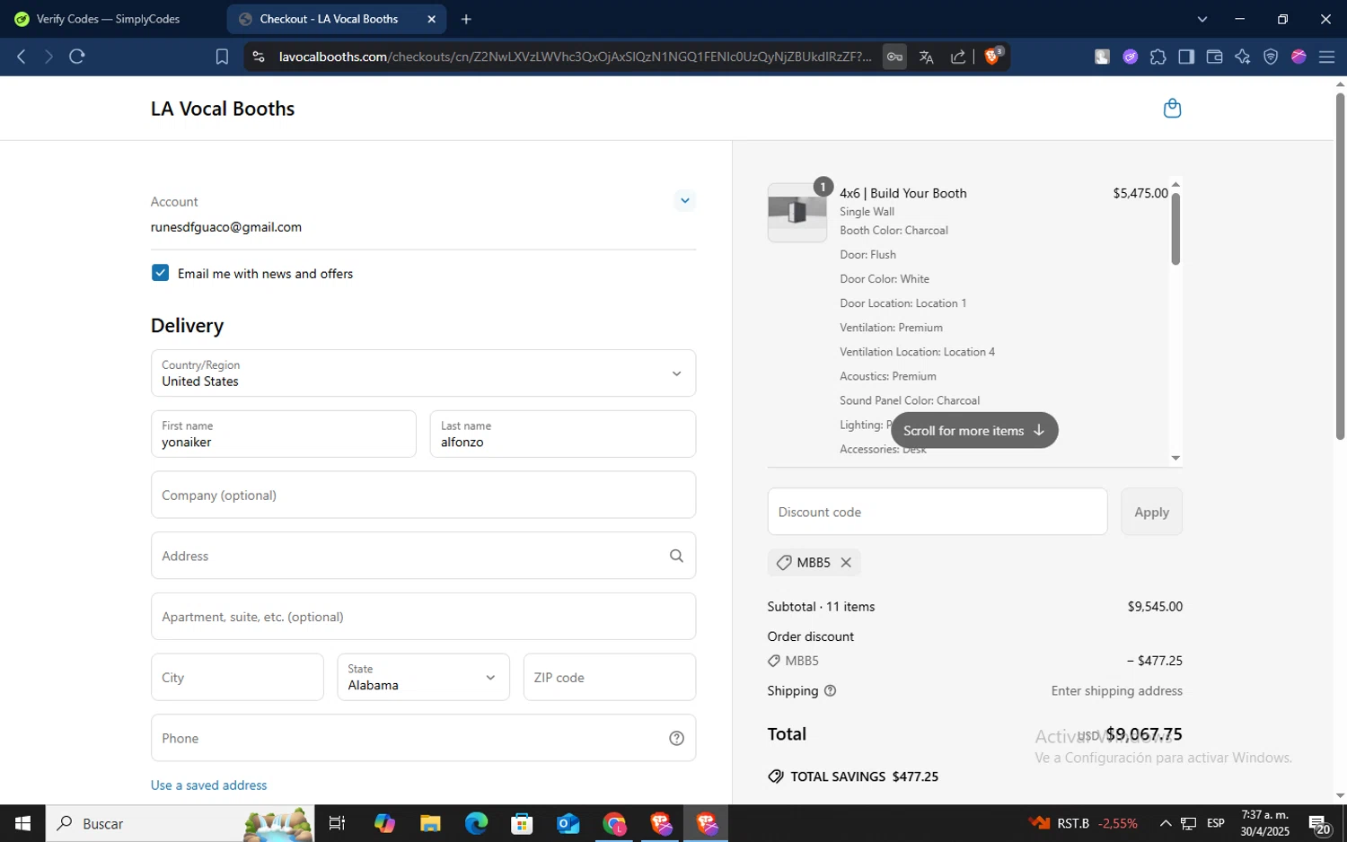 LA Vocal Booths checkout page showing LA Vocal Booths promo code box | Screenshot taken by SimplyCodes community member on Apr 30, 2025