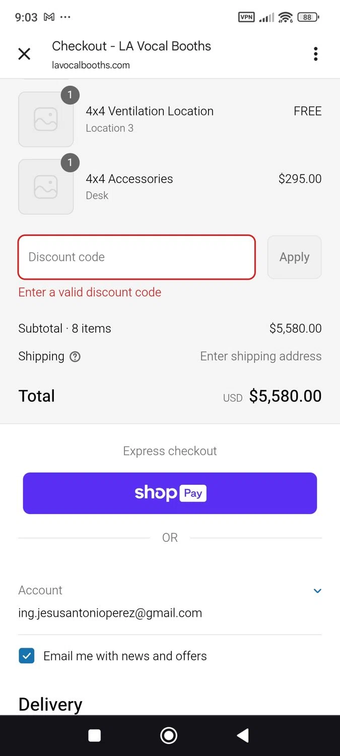 LA Vocal Booths promo code screenshot showing code DP applied at LA Vocal Booths checkout page. Uploaded by SimplyCodes community member ShieldWhiz4659 on Jul 19, 2025