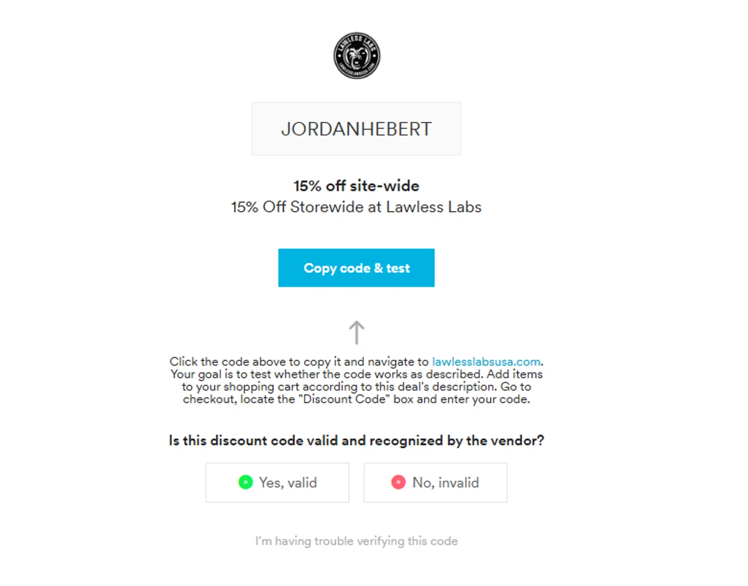 Lawless Labs discount code screenshot showing code JORDANHEBERT applied at Lawless Labs checkout page. Uploaded by SimplyCodes community member Emil05111429 on Oct 15, 2025