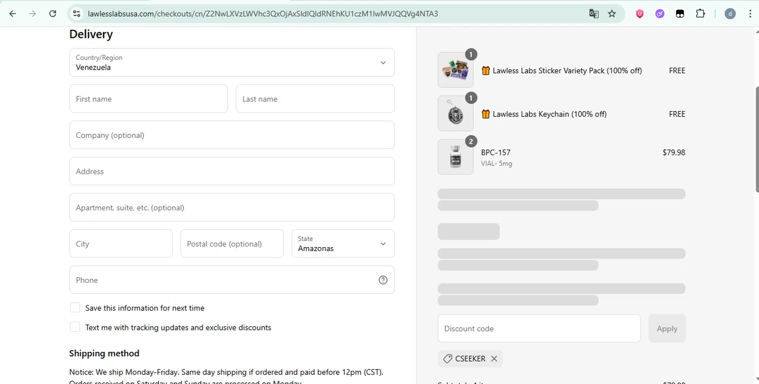 Lawless Labs discount code screenshot showing code CSEEKER applied at Lawless Labs checkout page. Uploaded by SimplyCodes community member DiscountSentinel4830 on May 30, 2025