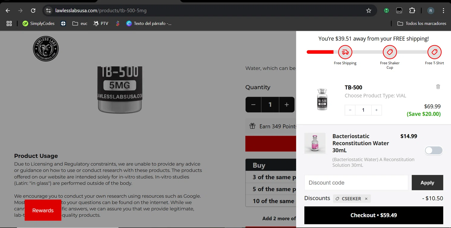 Lawless Labs discount code screenshot showing code CSEEKER applied at Lawless Labs checkout page. Uploaded by SimplyCodes community member MarcoReus on Feb 15, 2025