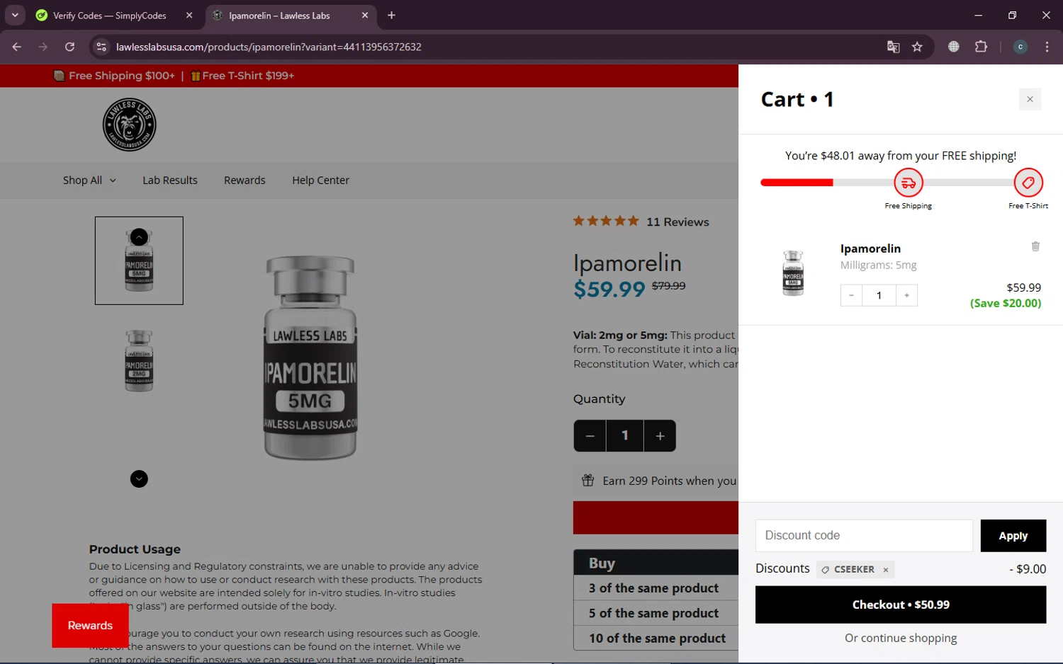Lawless Labs discount code screenshot showing code CSEEKER applied at Lawless Labs checkout page. Uploaded by SimplyCodes community member TokenTiger248 on Jan 17, 2025