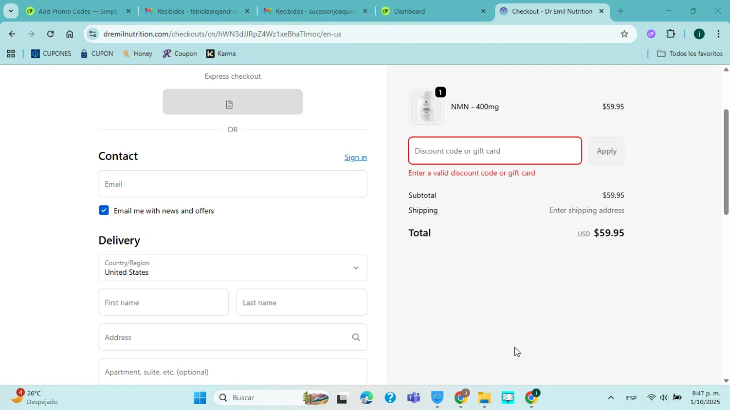 Lawless Labs discount code screenshot showing code 10OFF applied at Lawless Labs checkout page. Uploaded by SimplyCodes community member jorgejavierherrera on Oct 16, 2025