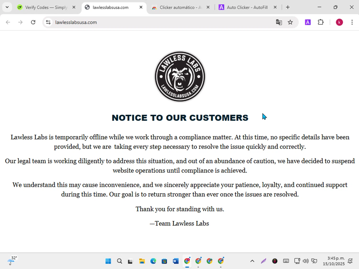 Lawless Labs discount code screenshot showing code 10OFF applied at Lawless Labs checkout page. Uploaded by SimplyCodes community member karoline on Oct 15, 2025