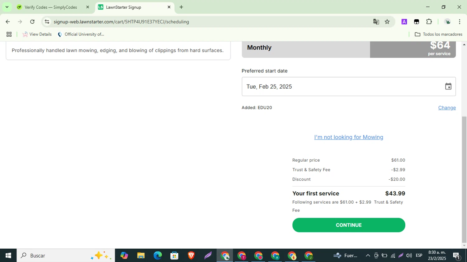LawnStarter checkout page showing LawnStarter promo code box | Screenshot taken by SimplyCodes community member on Feb 23, 2025