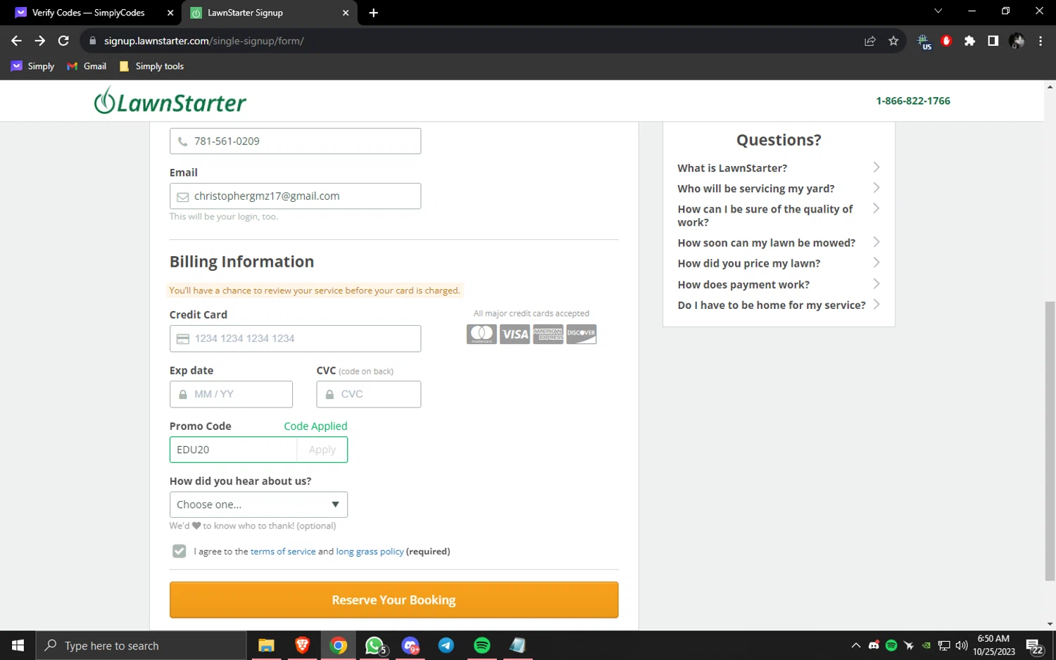 LawnStarter checkout page showing LawnStarter promo code box | Screenshot taken by SimplyCodes community member on Oct 25, 2023