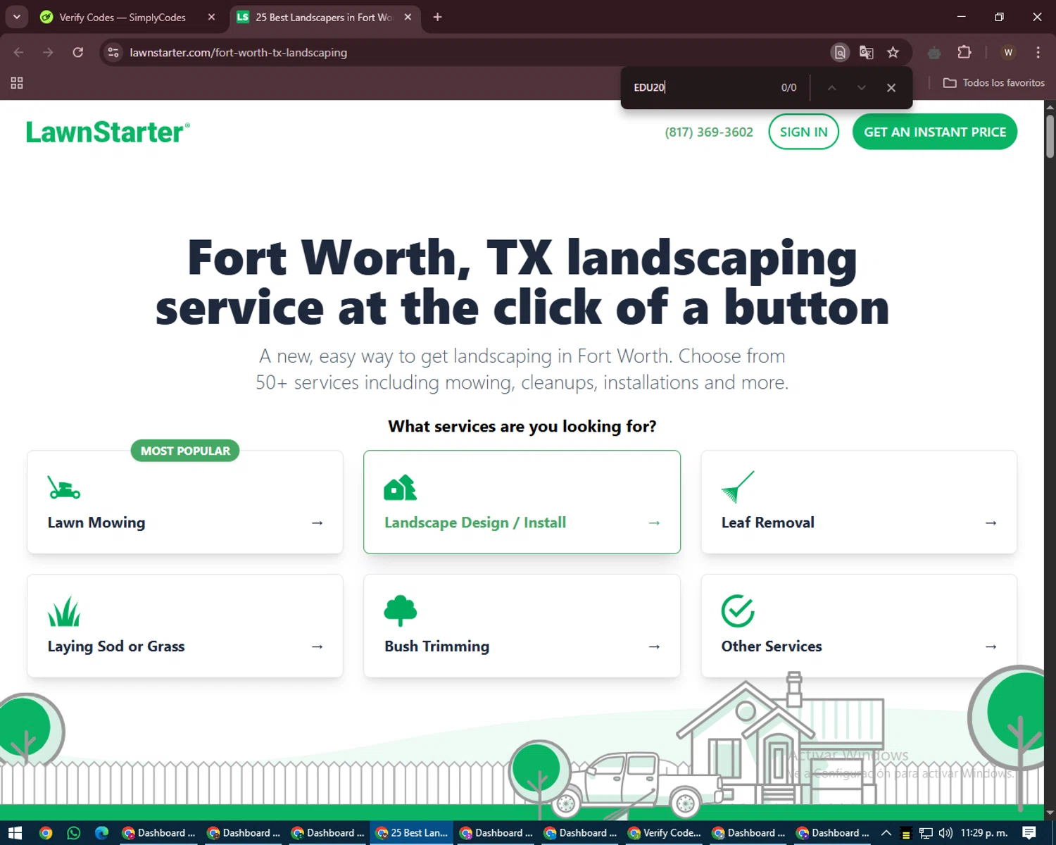 LawnStarter promo code screenshot showing code EDU20 applied at LawnStarter checkout page. Uploaded by SimplyCodes community member DealMaestro2101 on Apr 23, 2025