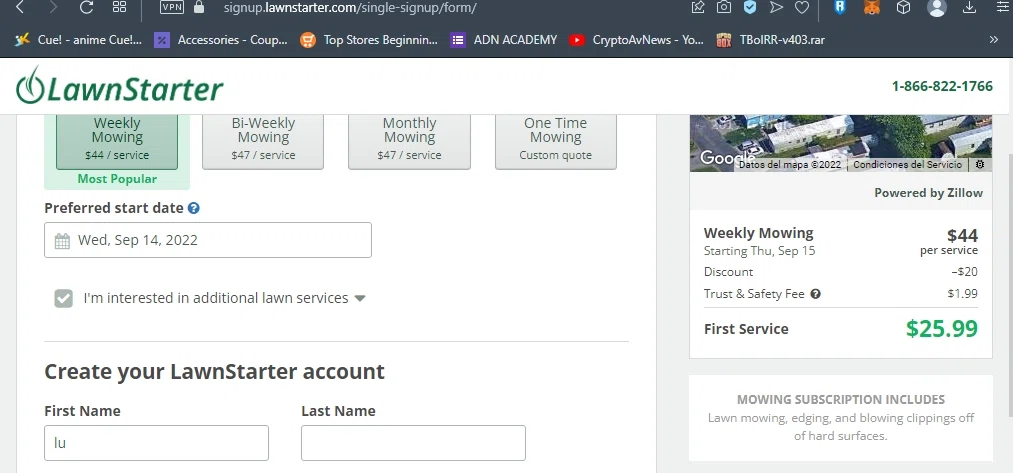 LawnStarter checkout page showing LawnStarter promo code box | Screenshot taken by SimplyCodes community member on Sep 12, 2022