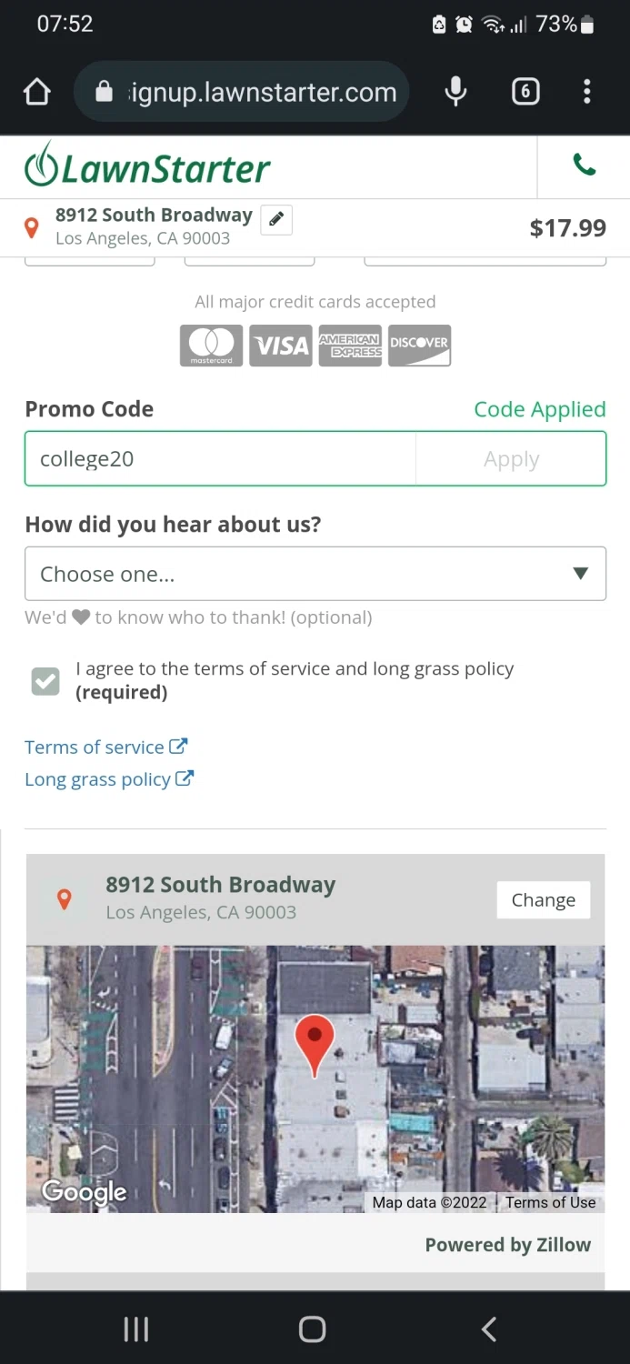 LawnStarter checkout page showing LawnStarter promo code box | Screenshot taken by SimplyCodes community member on Aug 18, 2022
