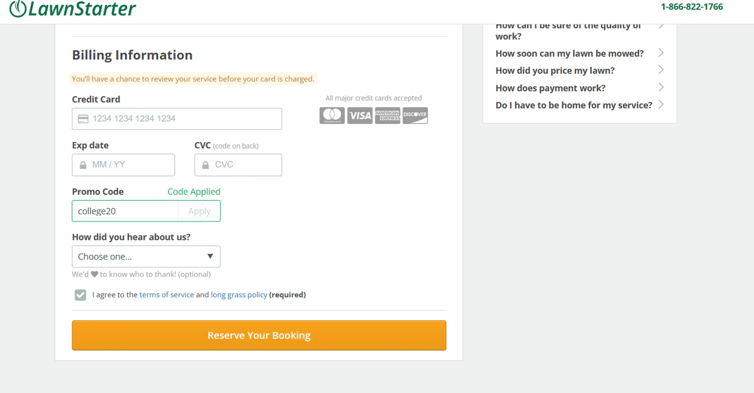 LawnStarter checkout page showing LawnStarter promo code box | Screenshot taken by SimplyCodes community member on Oct 25, 2023