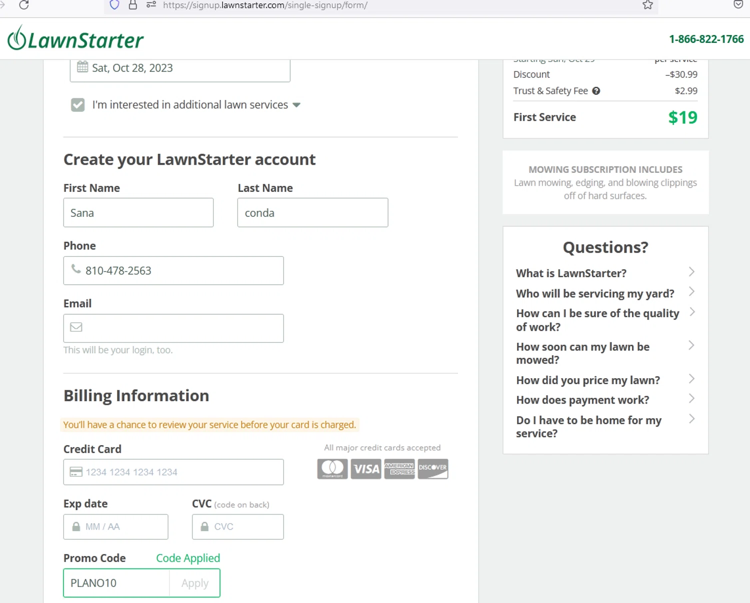 LawnStarter checkout page showing LawnStarter promo code box | Screenshot taken by SimplyCodes community member on Oct 26, 2023