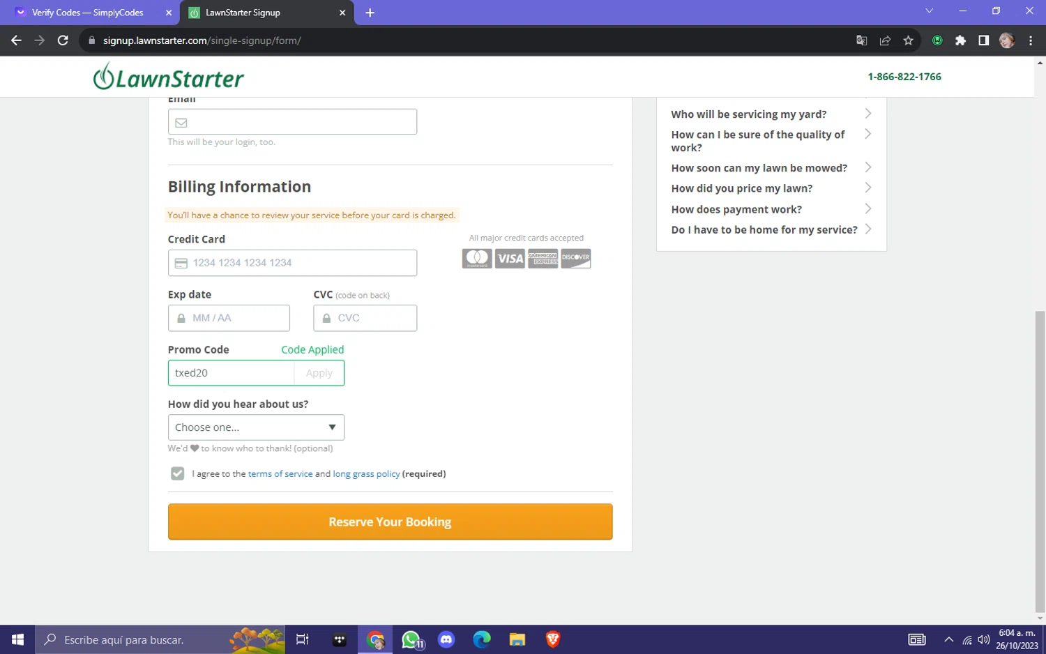 LawnStarter checkout page showing LawnStarter promo code box | Screenshot taken by SimplyCodes community member on Oct 26, 2023