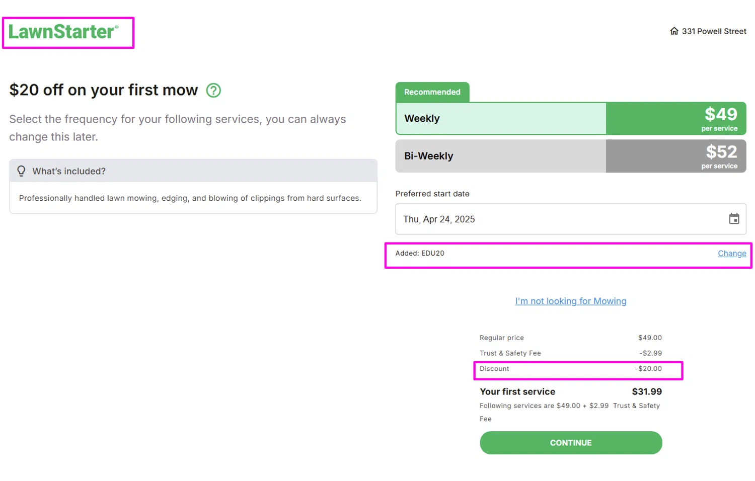 LawnStarter promo code screenshot showing code EDU20 applied at LawnStarter checkout page. Uploaded by SimplyCodes community member mrdarcy on Apr 23, 2025