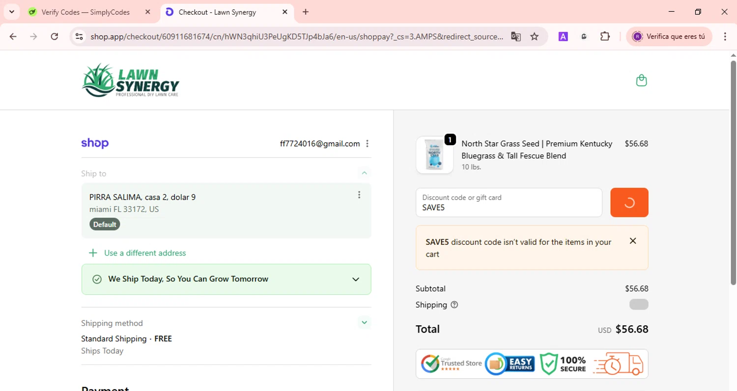 Lawn Synergy discount code screenshot showing code SAVE5 applied at Lawn Synergy checkout page. Uploaded by SimplyCodes community member BonusDefender8823 on Oct 7, 2025
