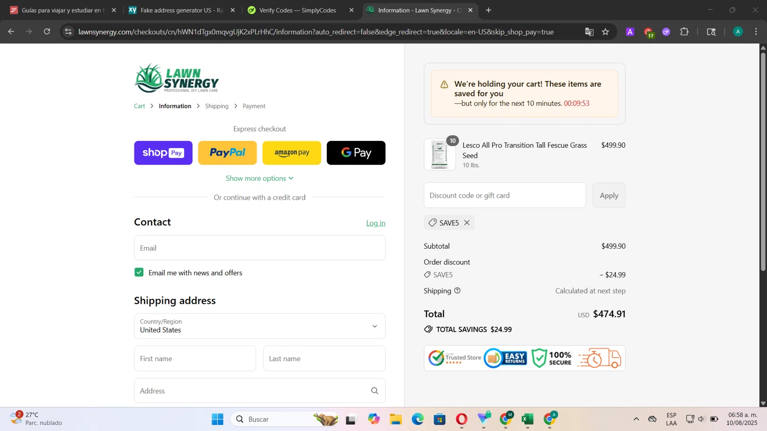 Lawn Synergy discount code screenshot showing code SAVE5 applied at Lawn Synergy checkout page. Uploaded by SimplyCodes community member CouponSentinel181 on Aug 10, 2025