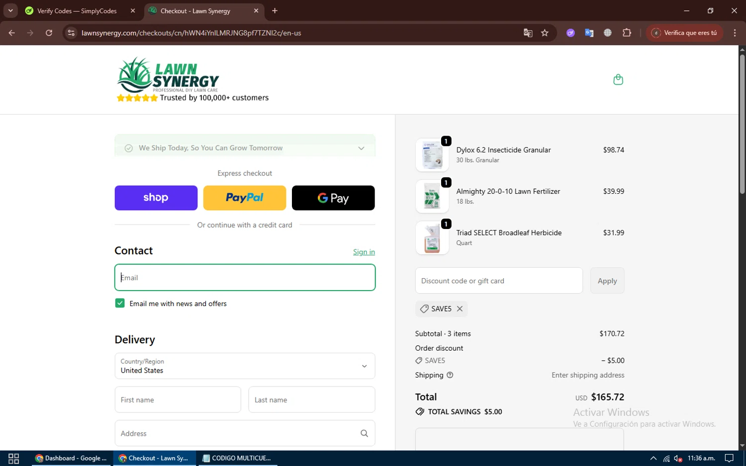 Lawn Synergy discount code screenshot showing code SAVE5 applied at Lawn Synergy checkout page. Uploaded by SimplyCodes community member moanaaa on Oct 30, 2025