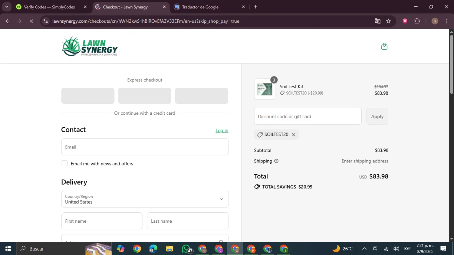 Lawn Synergy discount code screenshot showing code SOILTEST20 applied at Lawn Synergy checkout page. Uploaded by SimplyCodes community member BrilliantTracker4207 on Sep 8, 2025