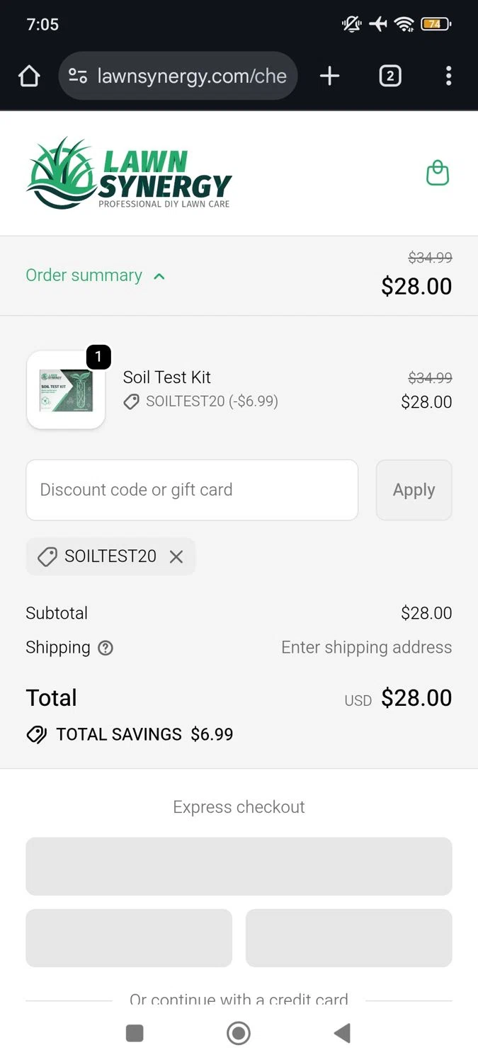 Lawn Synergy discount code screenshot showing code SOILTEST20 applied at Lawn Synergy checkout page. Uploaded by SimplyCodes community member RoyalSpotter5217 on Oct 3, 2025