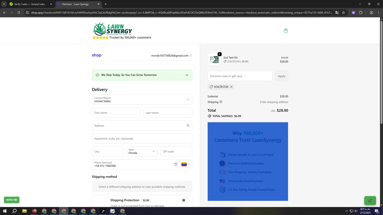 Lawn Synergy discount code screenshot showing code SOILTEST20 applied at Lawn Synergy checkout page. Uploaded by SimplyCodes community member lllllllllllllll on Dec 2, 2025