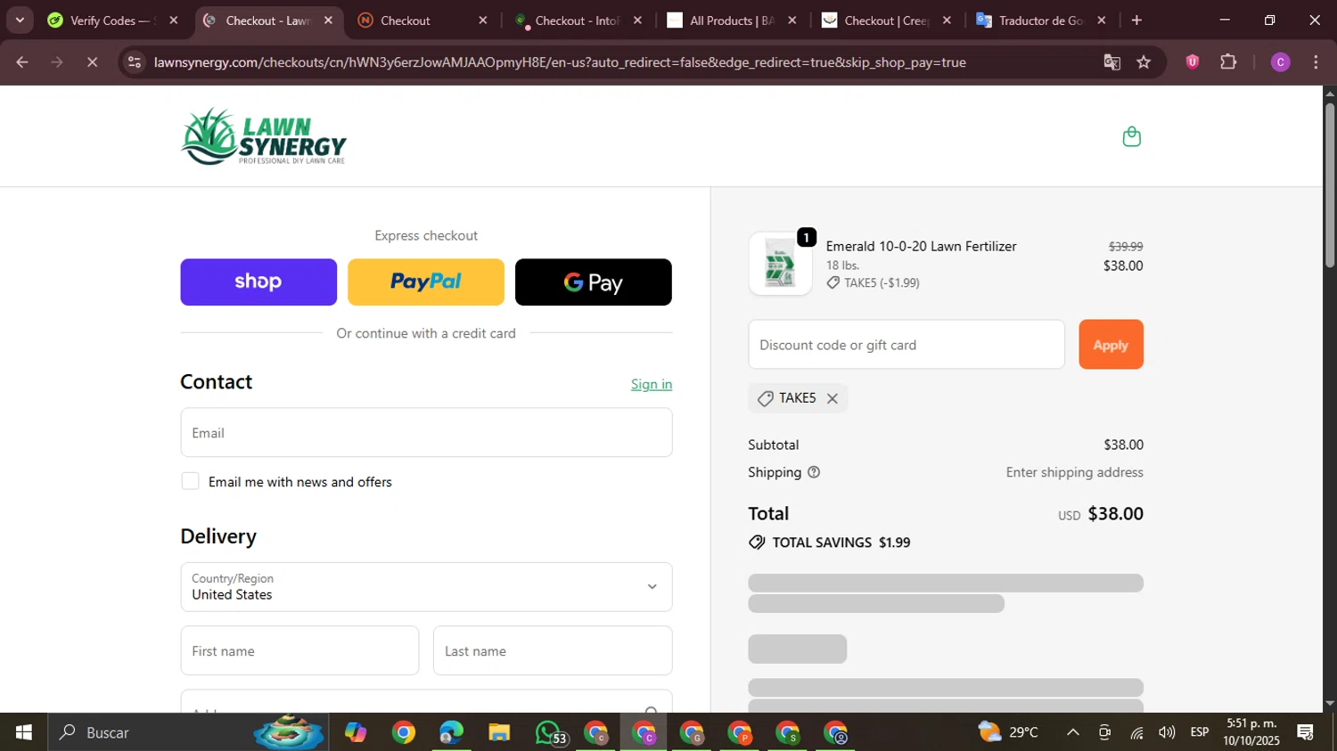 Lawn Synergy discount code screenshot showing code TAKE5 applied at Lawn Synergy checkout page. Uploaded by SimplyCodes community member FrugalPro5078 on Oct 10, 2025