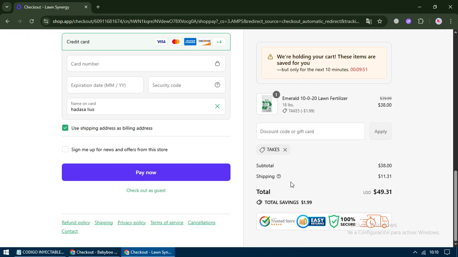Lawn Synergy discount code screenshot showing code TAKE5 applied at Lawn Synergy checkout page. Uploaded by SimplyCodes community member TreasureCurator3039 on Aug 13, 2025
