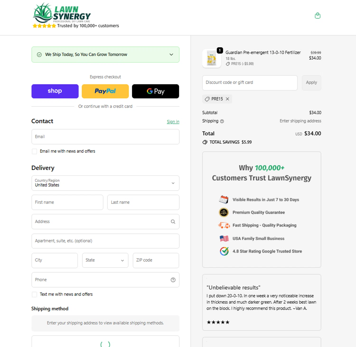 Lawn Synergy discount code screenshot showing code PRE15 applied at Lawn Synergy checkout page. Uploaded by SimplyCodes community member reggiesmith on Jan 19, 2026