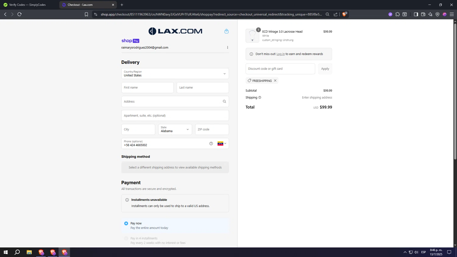 Lax promo code screenshot showing code FREESHIPPING applied at Lax checkout page. Uploaded by SimplyCodes community member Nezukooo on Jul 14, 2025