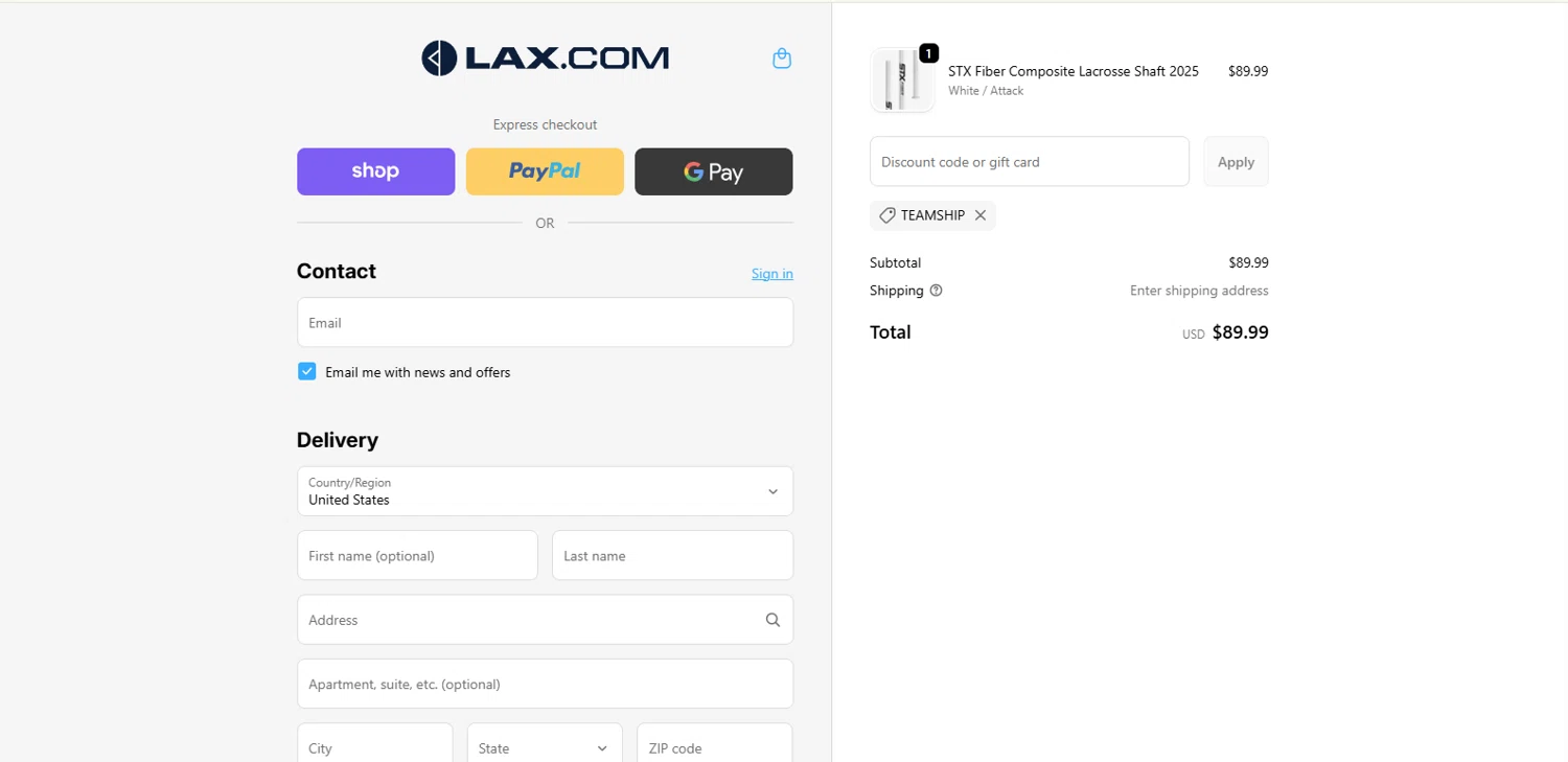 Lax promo code screenshot showing code TEAMSHIP applied at Lax checkout page. Uploaded by SimplyCodes community member kalltrom21 on Nov 17, 2025