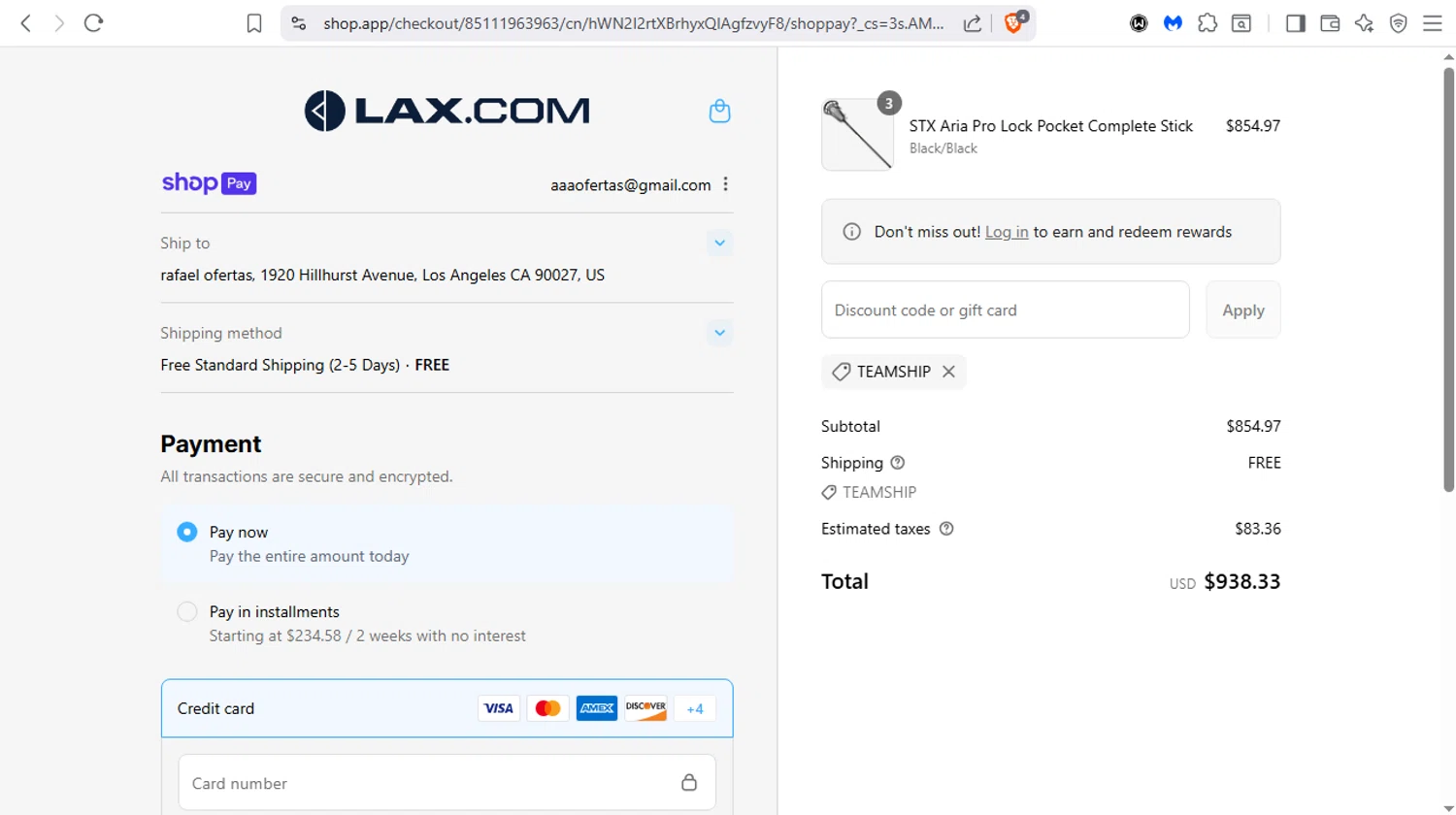 Lax promo code screenshot showing code TEAMSHIP applied at Lax checkout page. Uploaded by SimplyCodes community member dayselis15 on Aug 27, 2025