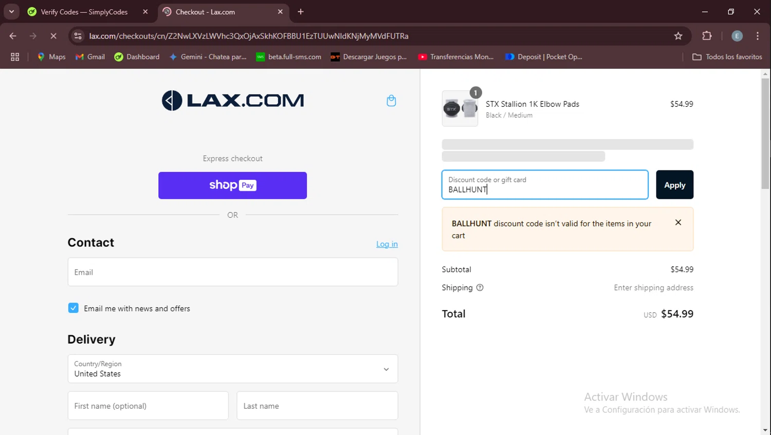 Lax promo code screenshot showing code BALLHUNT applied at Lax checkout page. Uploaded by SimplyCodes community member Esteban on Jan 14, 2025