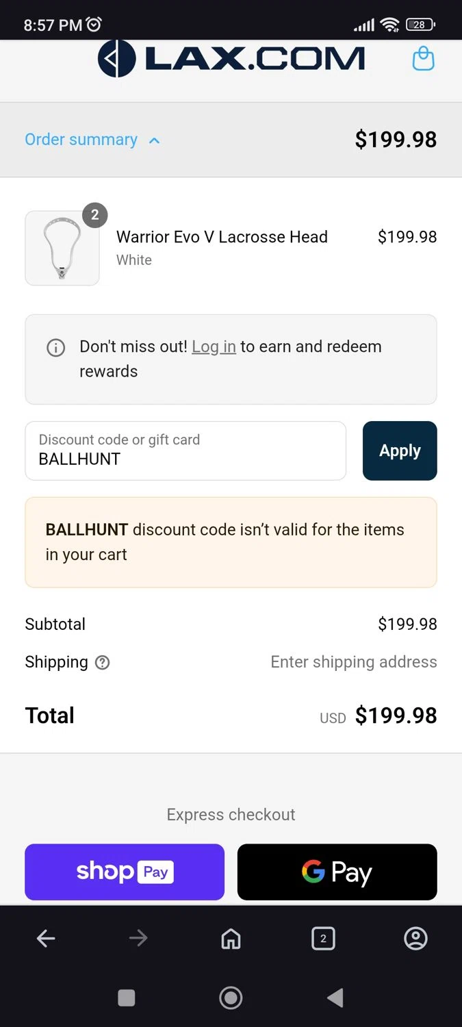 Lax promo code screenshot showing code BALLHUNT applied at Lax checkout page. Uploaded by SimplyCodes community member JulesCrnel on Jul 23, 2025