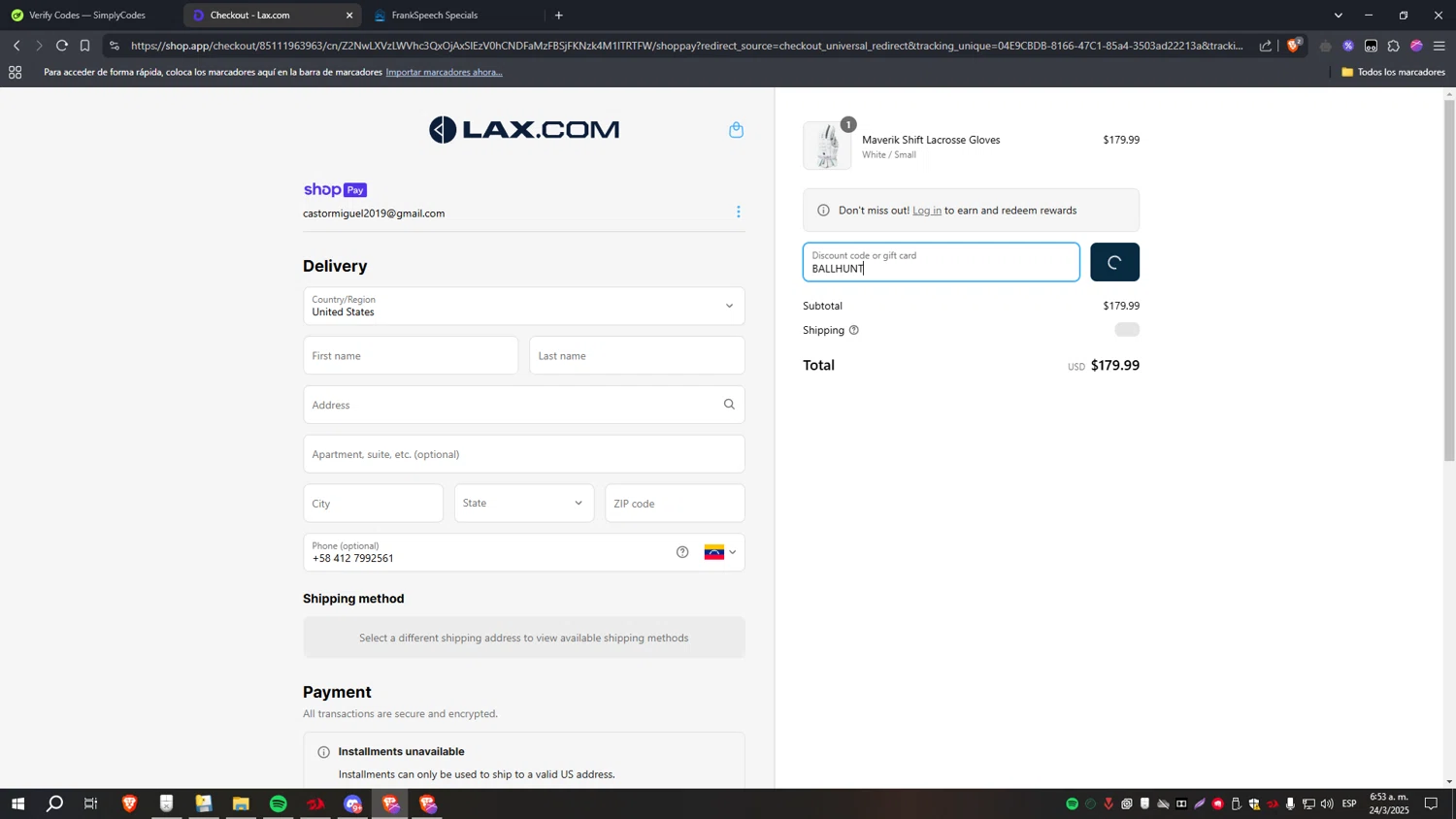 Lax promo code screenshot showing code BALLHUNT applied at Lax checkout page. Uploaded by SimplyCodes community member CoinHawk6938 on Mar 24, 2025