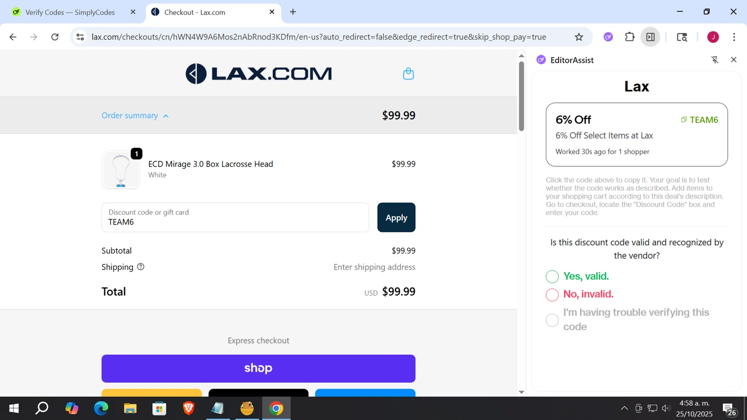 Lax promo code screenshot showing code TEAM6 applied at Lax checkout page. Uploaded by SimplyCodes community member vergil_lains on Oct 25, 2025