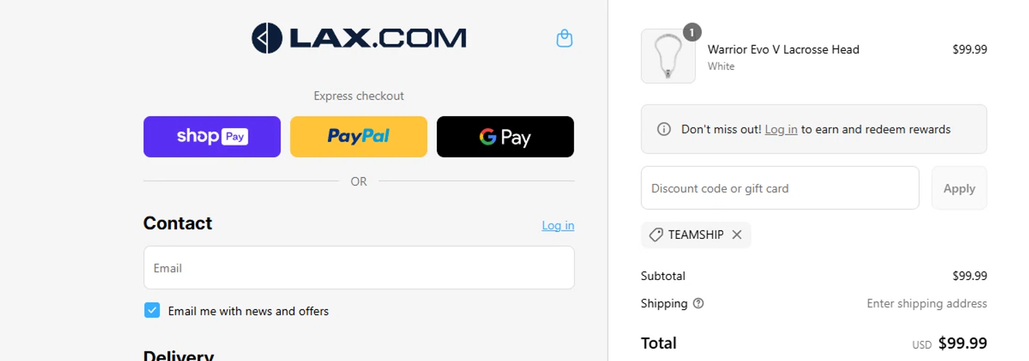 Lax promo code screenshot showing code TEAMSHIP applied at Lax checkout page. Uploaded by SimplyCodes community member ashe1986 on Aug 27, 2025