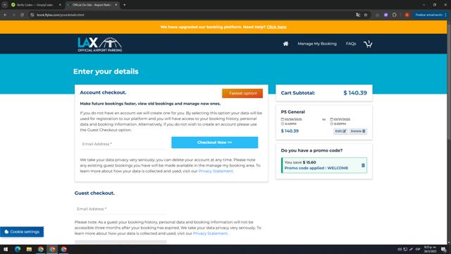 LAX Official Airport Parking checkout page showing LAX Official Airport Parking promo code box | Screenshot taken by SimplyCodes community member on Mar 27, 2025