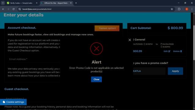 LAX Official Airport Parking checkout page showing LAX Official Airport Parking promo code box | Screenshot taken by SimplyCodes community member on Mar 24, 2025