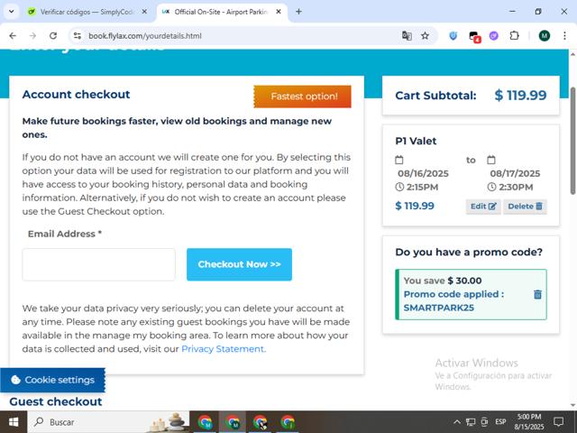 LAX Official Airport Parking checkout page showing LAX Official Airport Parking promo code box | Screenshot taken by SimplyCodes community member on Aug 15, 2025
