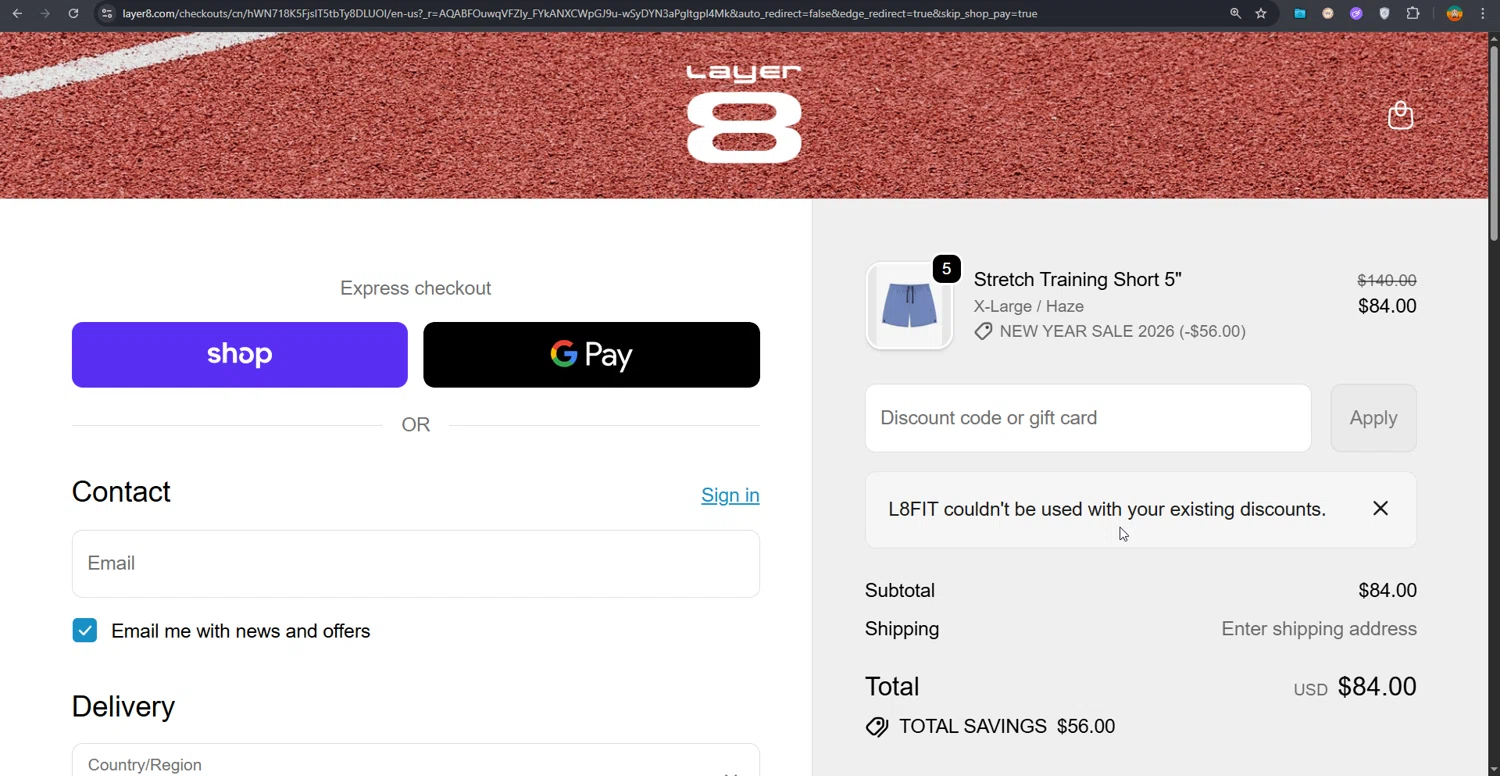 Layer8 promo code screenshot showing code L8FIT applied at Layer8 checkout page. Uploaded by SimplyCodes community member PrimeShopper6600 on Dec 30, 2025