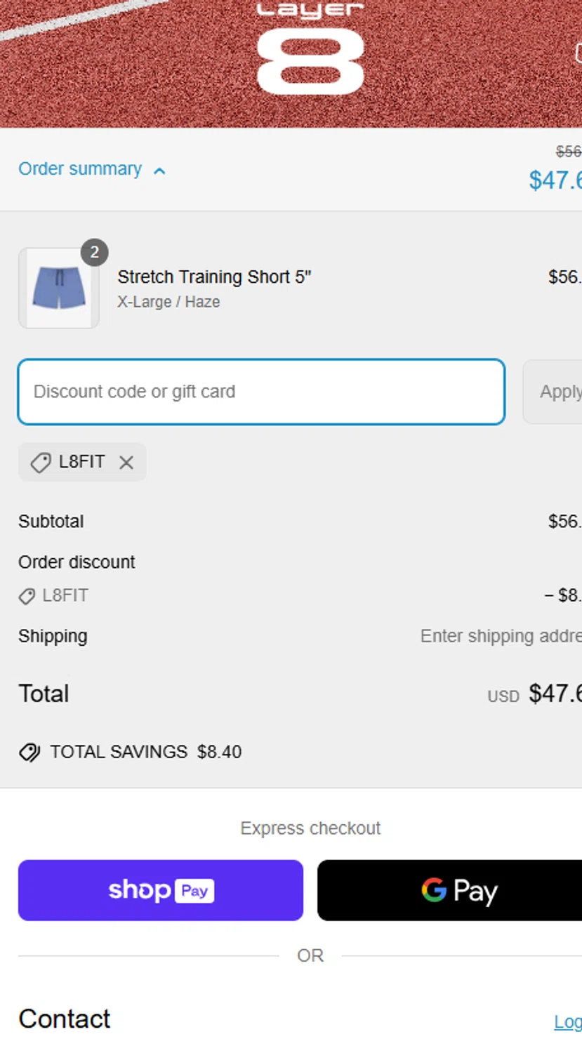 Layer8 promo code screenshot showing code L8FIT applied at Layer8 checkout page. Uploaded by SimplyCodes community member CouponSpotter227 on Apr 11, 2025